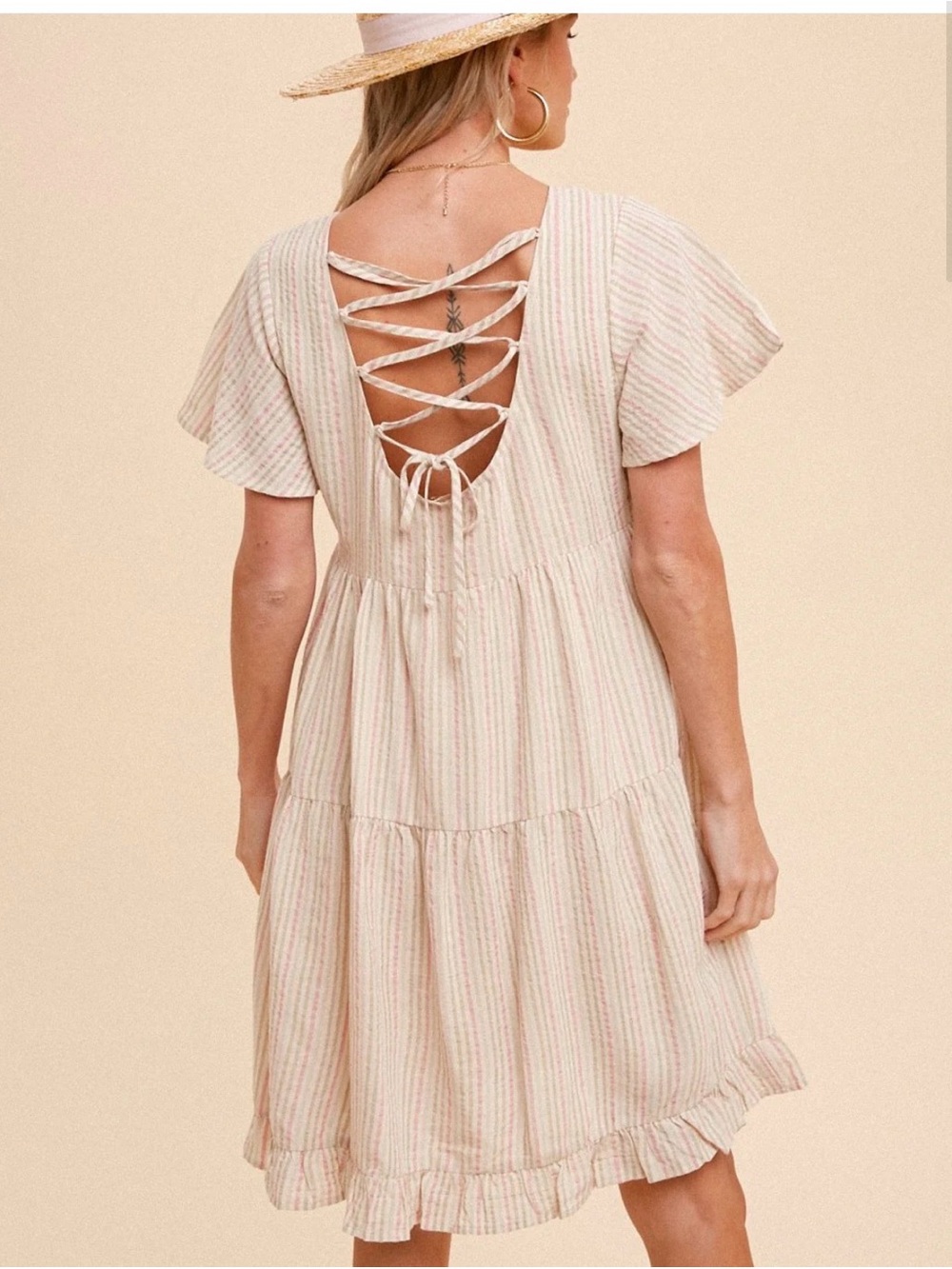 Hem & Thread Tiered Babydoll Mini Dress cotton linen • cream taupe • sz Large